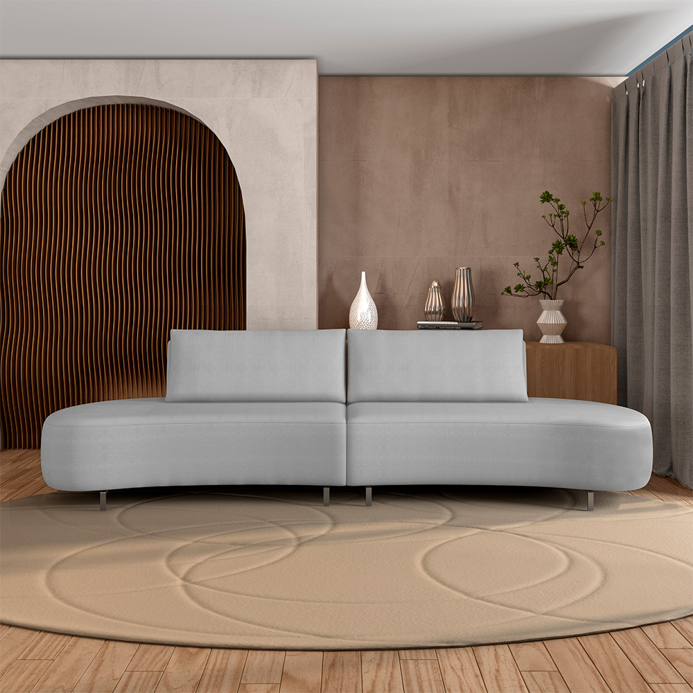 Sofá Bipartido Sala de Estar Jamaica 280cm Curvo Pés Alumínio Veludo Cinza G52 - Gran Belo