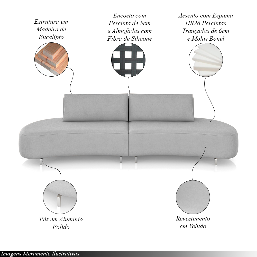 Sofá Bipartido Sala de Estar Jamaica 280cm Curvo Pés Alumínio Veludo Cinza G52 - Gran Belo