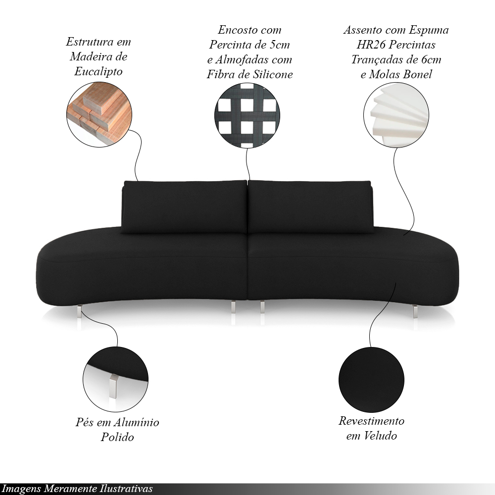 Sofá Bipartido Sala de Estar Jamaica 280cm Curvo Pés Alumínio Veludo Preto G52 - Gran Belo