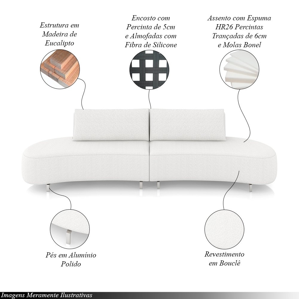 Sofá Bipartido Sala de Estar Jamaica 300cm Curvo Pés Alumínio Bouclê Branco G52 - Gran Belo