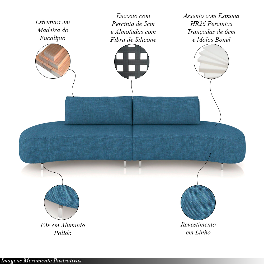Sofá Bipartido Sala de Estar Jamaica 300cm Curvo Pés Alumínio Linho Azul G52 - Gran Belo