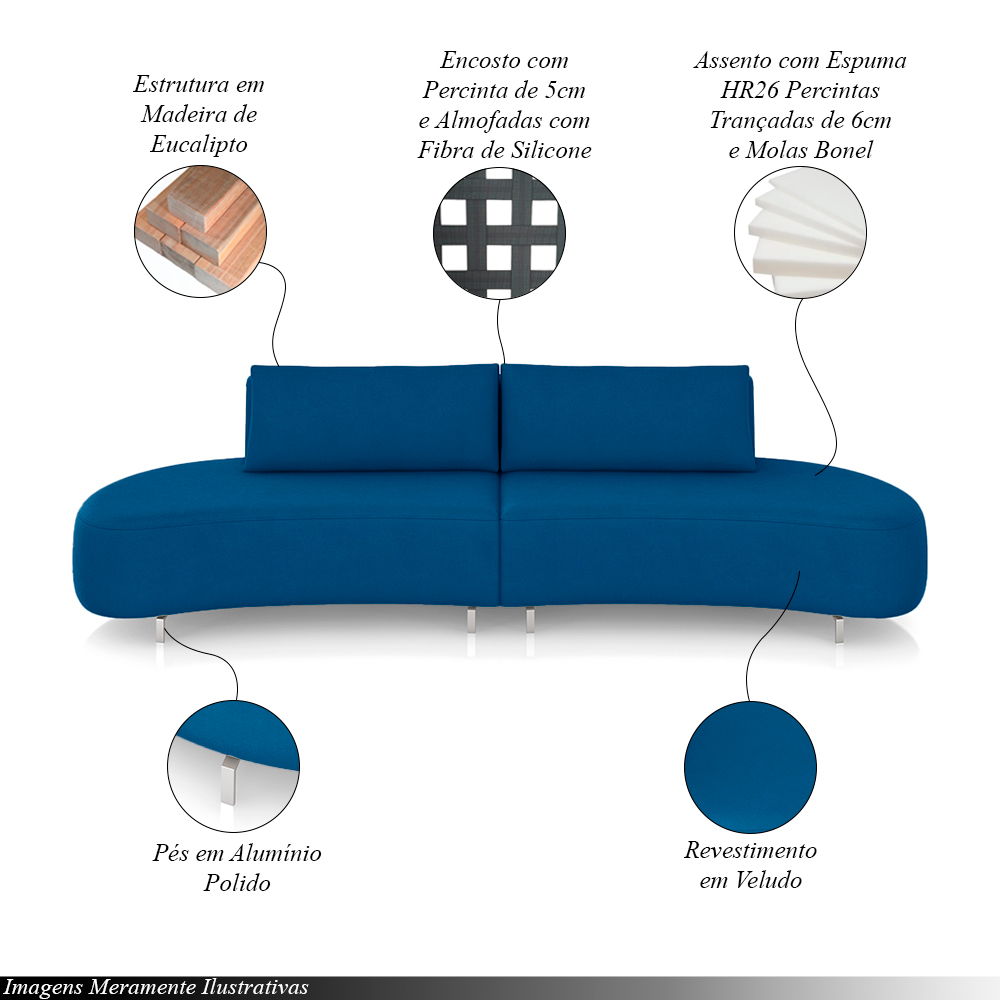 Sofá Bipartido Sala de Estar Jamaica 300cm Curvo Pés Alumínio Veludo Azul G52 - Gran Belo