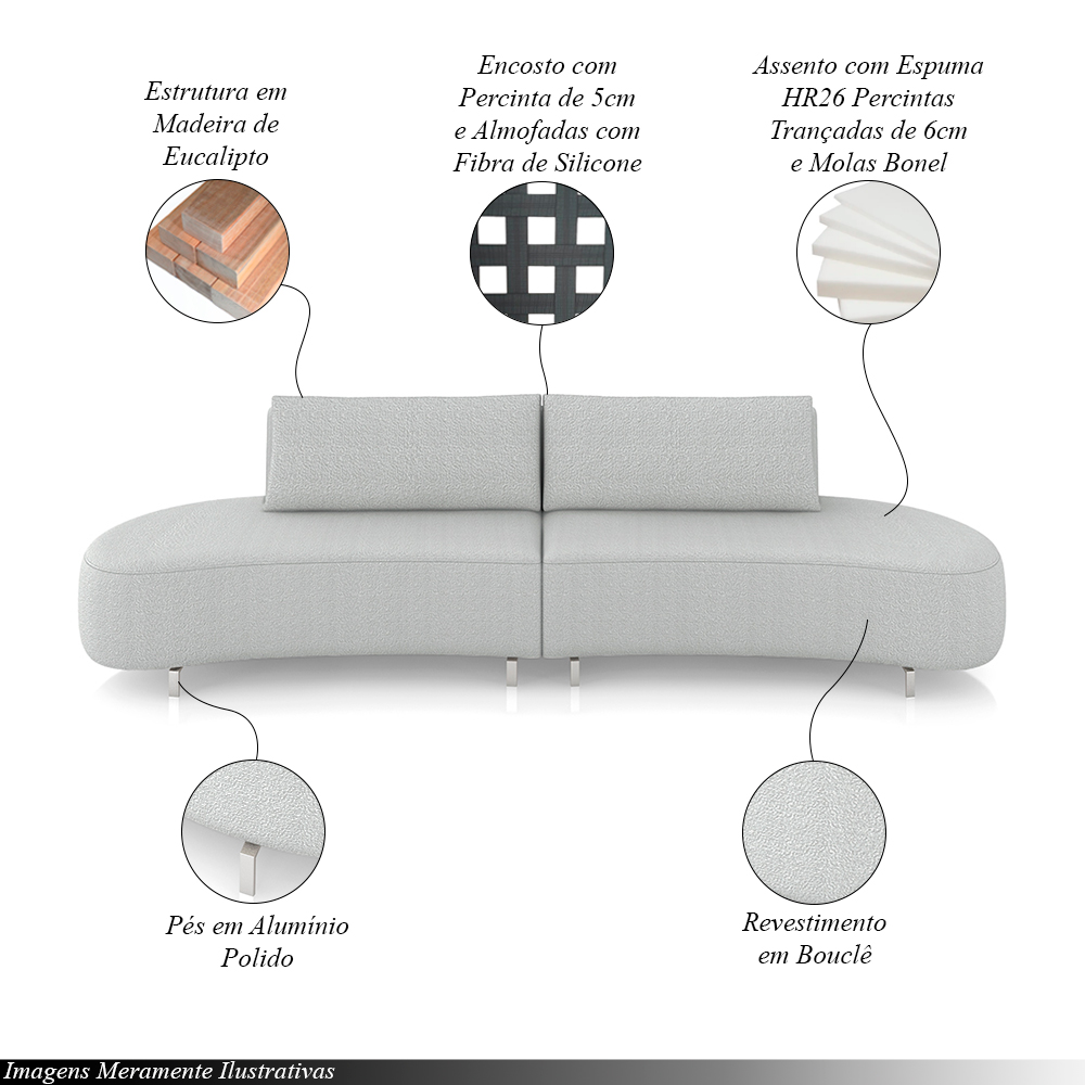 Sofá Bipartido Sala de Estar Jamaica 320cm Curvo Pés Alumínio Bouclê Cinza G52 - Gran Belo