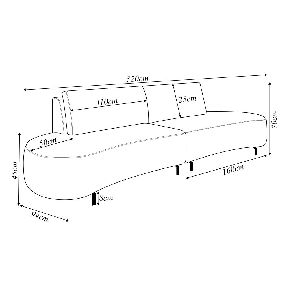 Sofá Bipartido Sala de Estar Jamaica 320cm Curvo Pés Alumínio Linho Off White G52 - Gran Belo