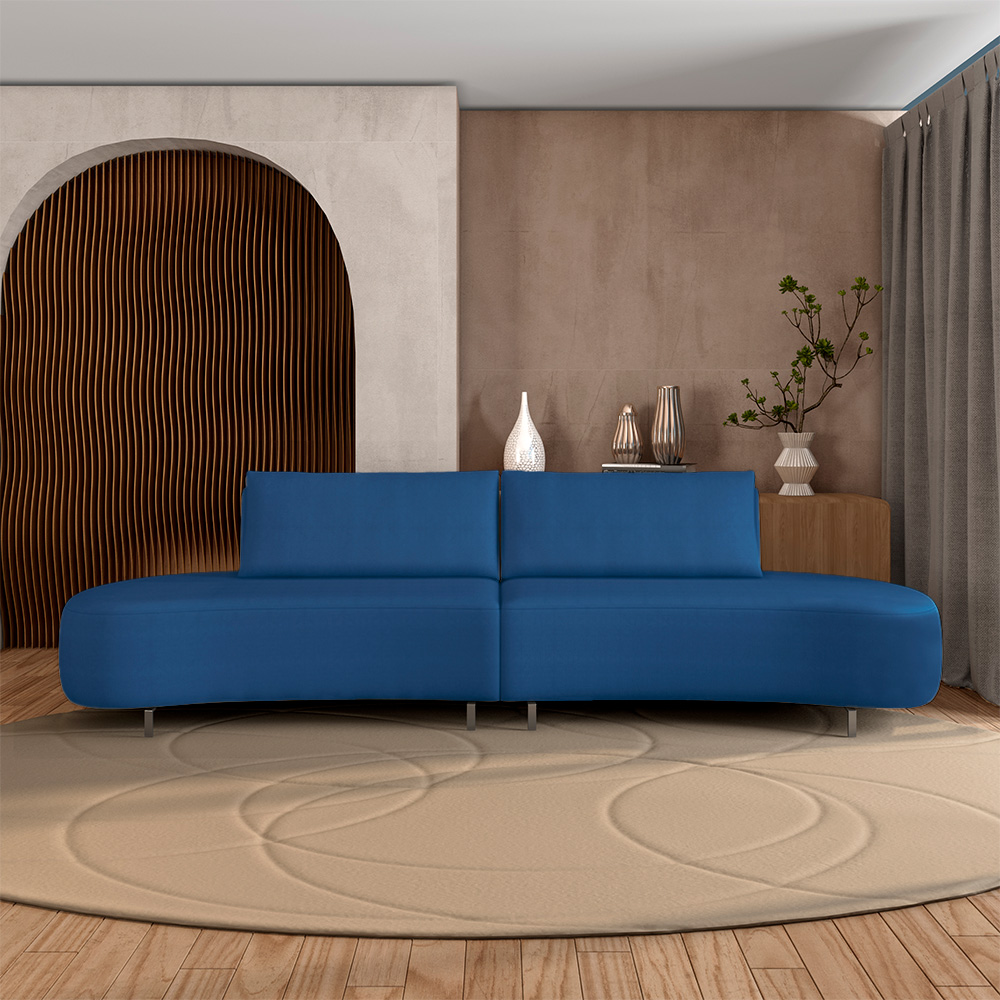 Sofá Bipartido Sala de Estar Jamaica 320cm Curvo Pés Alumínio Veludo Azul G52 - Gran Belo