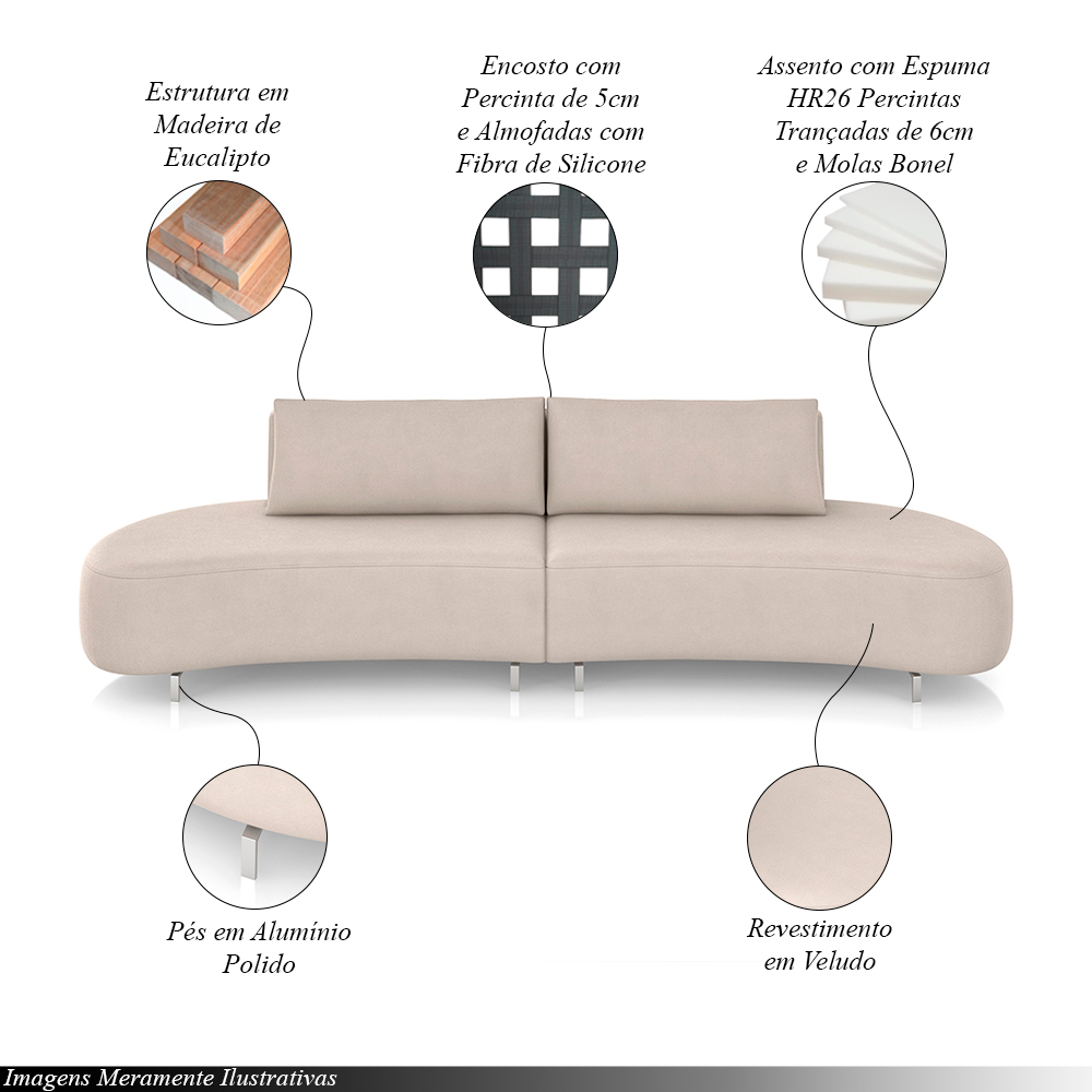 Sofá Bipartido Sala de Estar Jamaica 320cm Curvo Pés Alumínio Veludo Bege G52 - Gran Belo