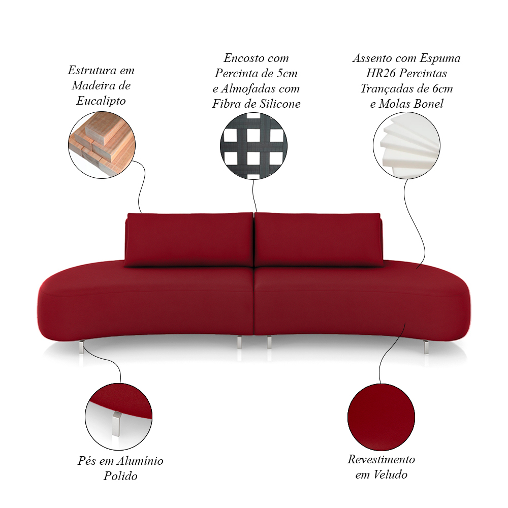 Sofá Bipartido Sala de Estar Jamaica 320cm Curvo Pés Alumínio Veludo Bordô G52 - Gran Belo
