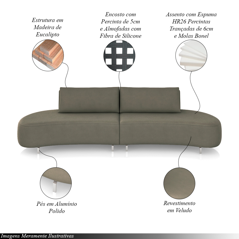 Sofá Bipartido Sala de Estar Jamaica 320cm Curvo Pés Alumínio Veludo Marrom G52 - Gran Belo