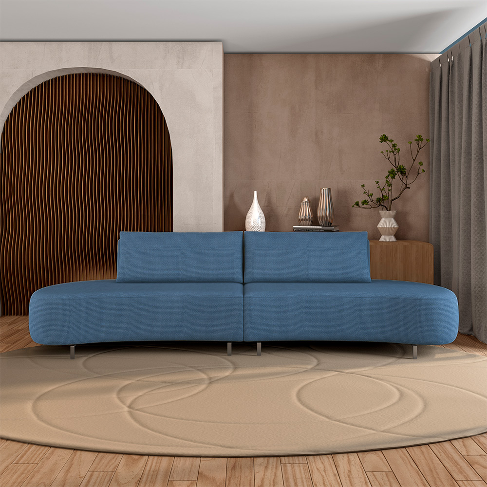 Sofá Bipartido Sala de Estar Jamaica 340cm Curvo Pés Alumínio Linho Azul G52 - Gran Belo
