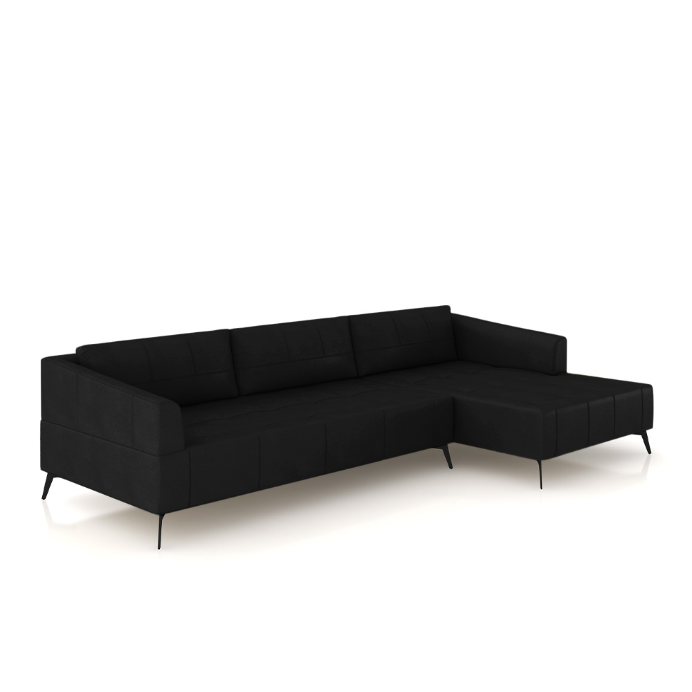 Sofá Bipartido Sala de Estar Kiara 312cm Chaise Direito Pés de Ferro Couro Preto G52 - Gran Belo