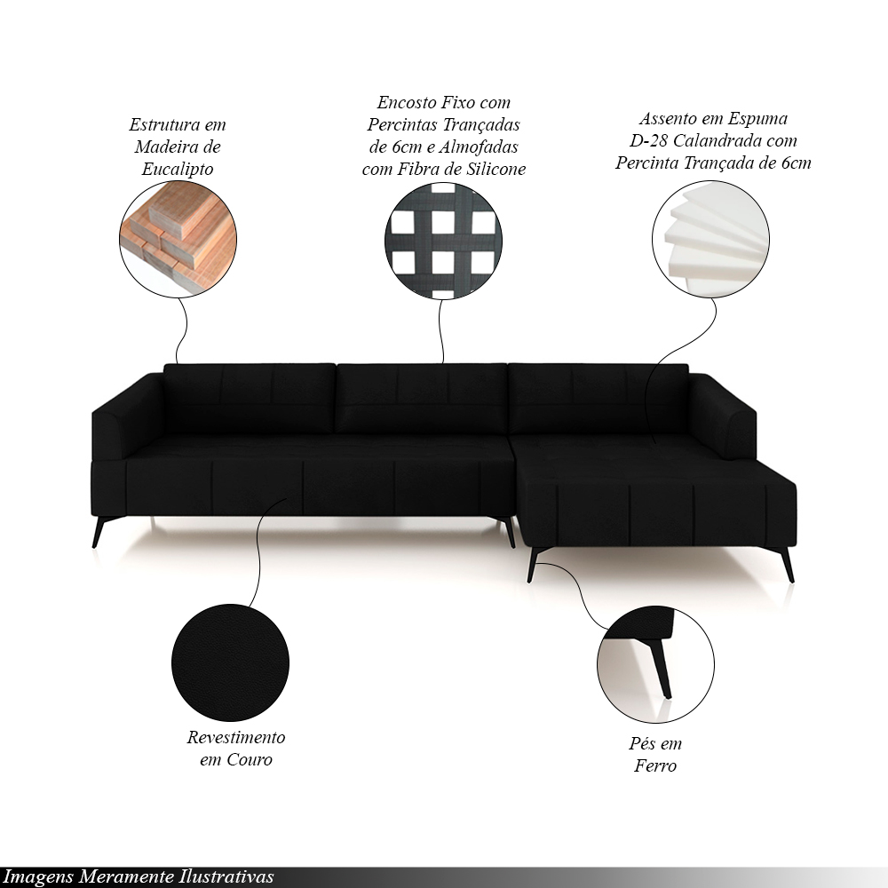 Sofá Bipartido Sala de Estar Kiara 312cm Chaise Direito Pés de Ferro Couro Preto G52 - Gran Belo