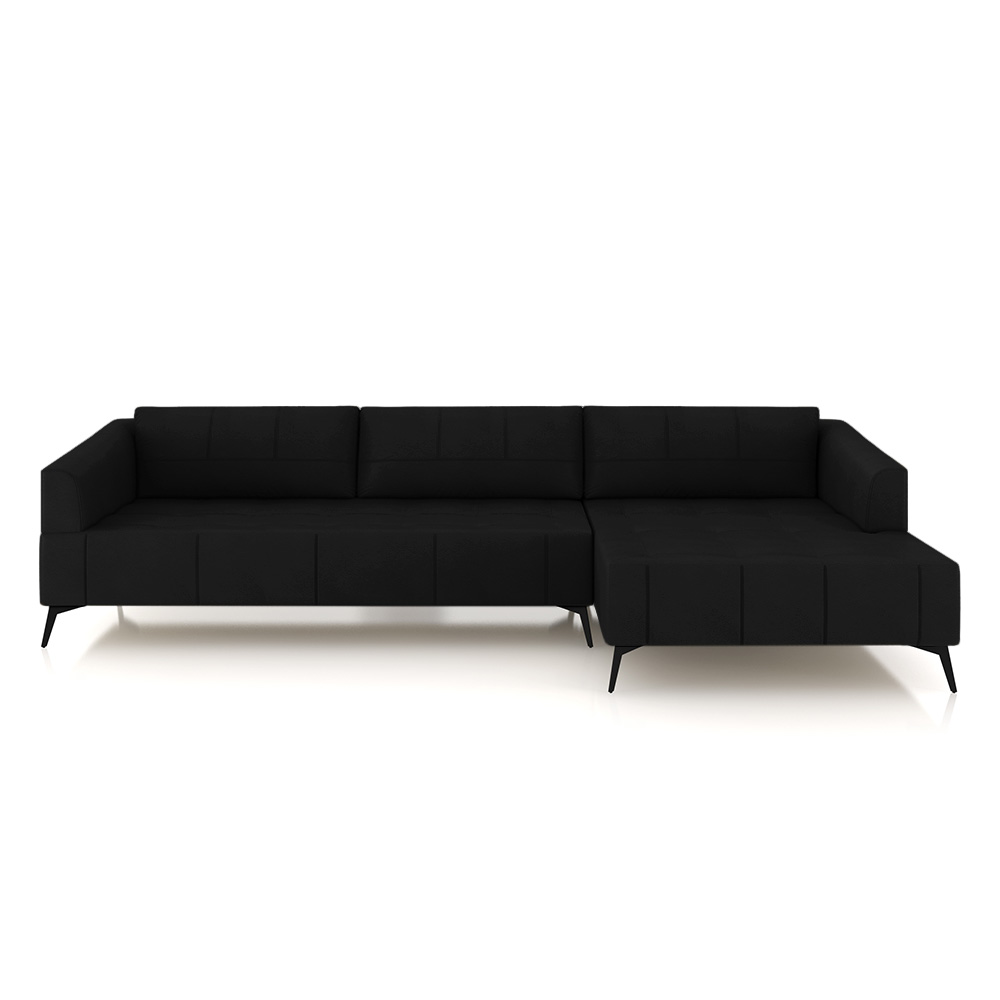 Sofá Bipartido Sala de Estar Kiara 312cm Chaise Direito Pés de Ferro Couro Preto G52 - Gran Belo