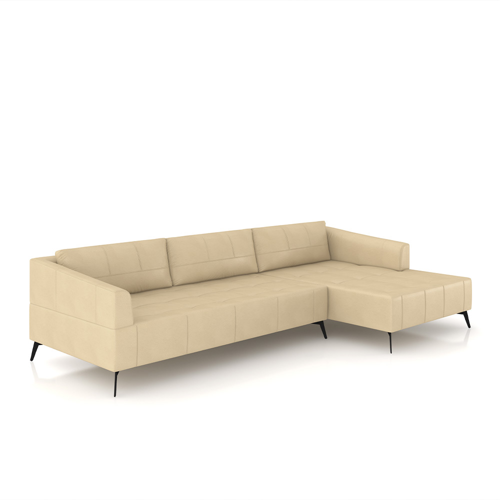 Sofá Bipartido Sala de Estar Kiara 332cm Chaise Direito Pés de Ferro Couro Bege G52 - Gran Belo