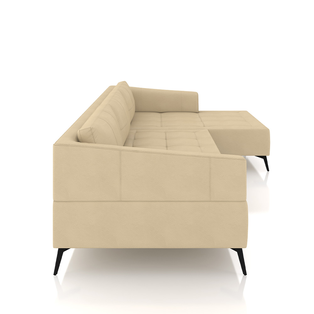 Sofá Bipartido Sala de Estar Kiara 332cm Chaise Direito Pés de Ferro Couro Bege G52 - Gran Belo