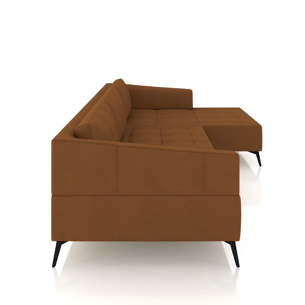 Sofá Bipartido Sala de Estar Kiara 332cm Chaise Direito Pés de Ferro Couro Caramelo G52 - Gran Belo