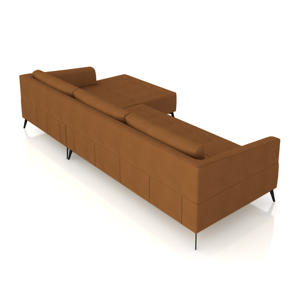 Sofá Bipartido Sala de Estar Kiara 332cm Chaise Direito Pés de Ferro Couro Caramelo G52 - Gran Belo