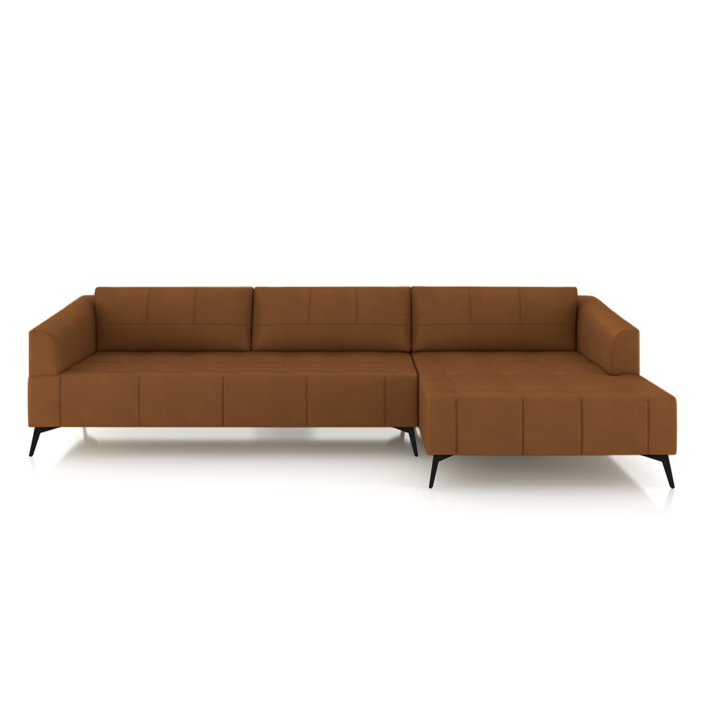 Sofá Bipartido Sala de Estar Kiara 332cm Chaise Direito Pés de Ferro Couro Caramelo G52 - Gran Belo