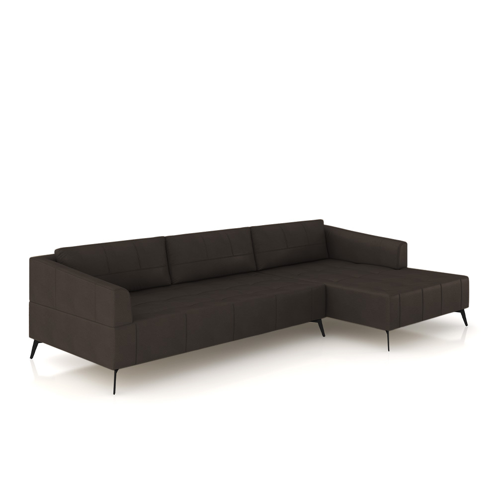 Sofá Bipartido Sala de Estar Kiara 332cm Chaise Direito Pés de Ferro Couro Marrom G52 - Gran Belo
