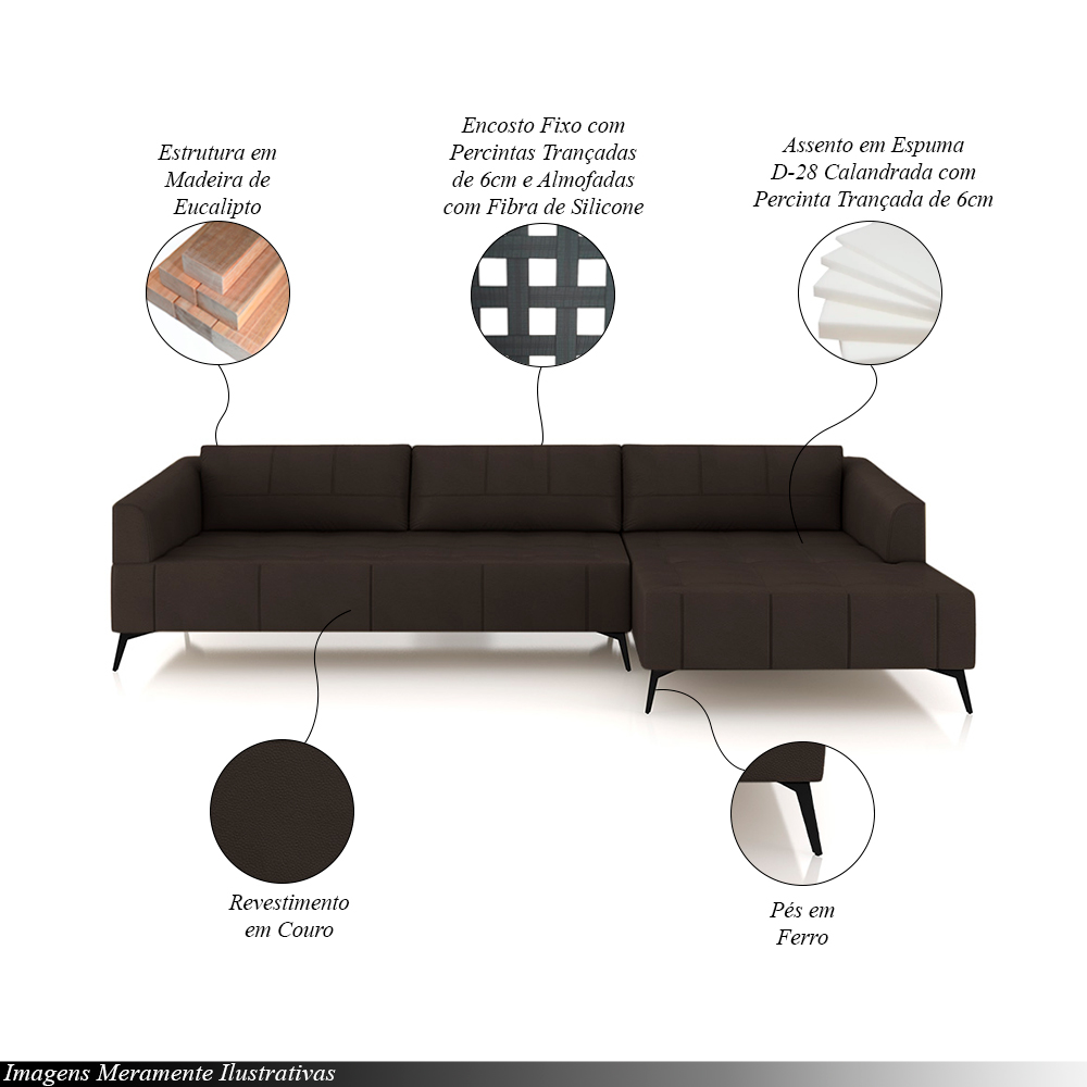 Sofá Bipartido Sala de Estar Kiara 332cm Chaise Direito Pés de Ferro Couro Marrom G52 - Gran Belo