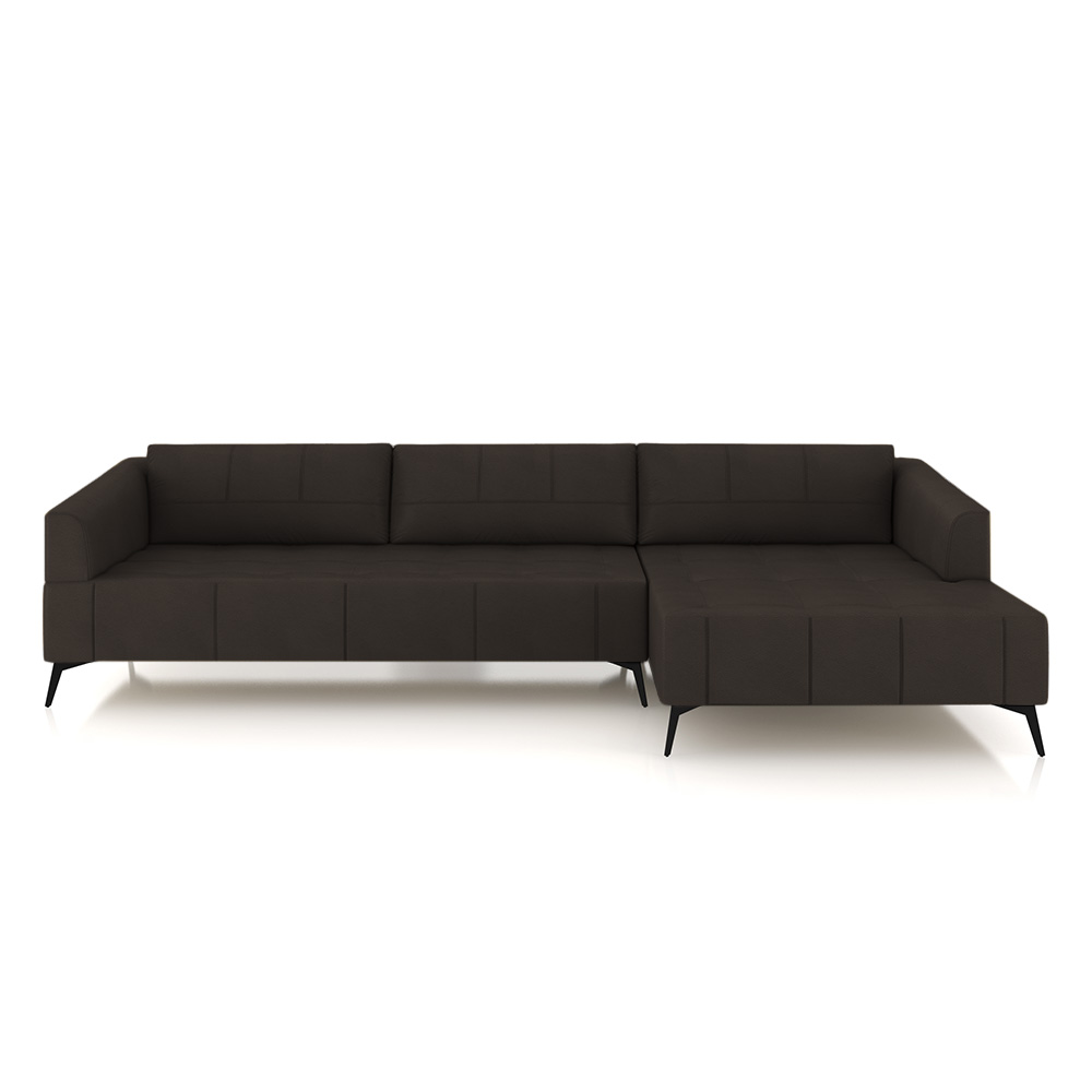 Sofá Bipartido Sala de Estar Kiara 332cm Chaise Direito Pés de Ferro Couro Marrom G52 - Gran Belo