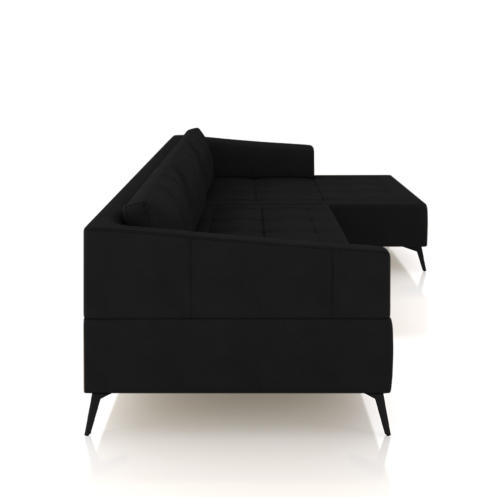Sofá Bipartido Sala de Estar Kiara 332cm Chaise Direito Pés de Ferro Couro Preto G52 - Gran Belo