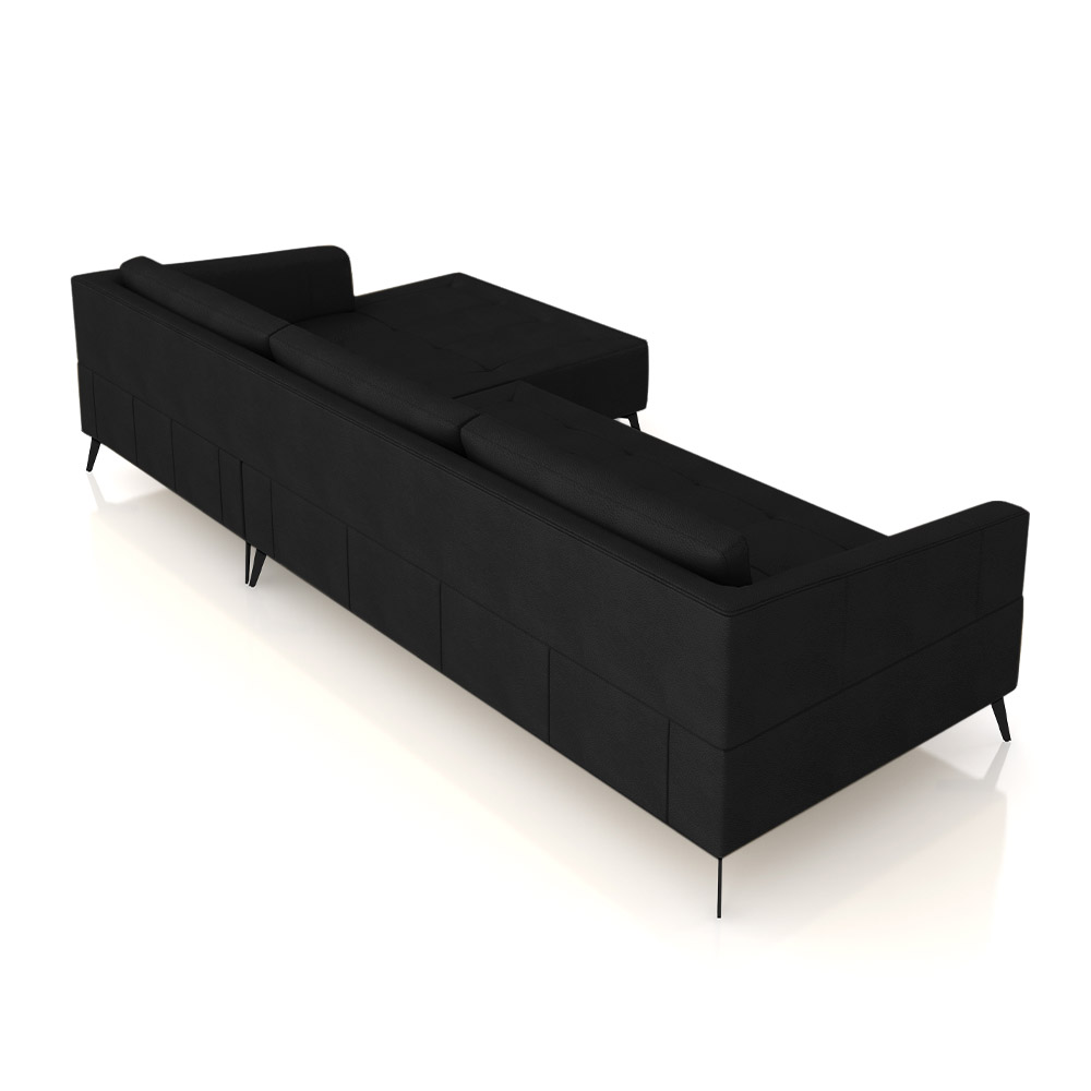 Sofá Bipartido Sala de Estar Kiara 332cm Chaise Direito Pés de Ferro Couro Preto G52 - Gran Belo