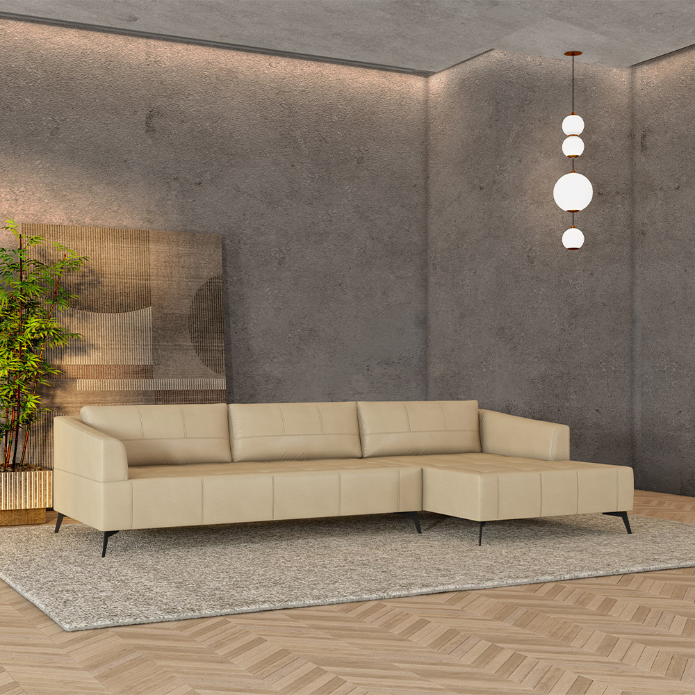 Sofá Bipartido Sala de Estar Kiara 352cm Chaise Direito Pés de Ferro Couro Bege G52 - Gran Belo