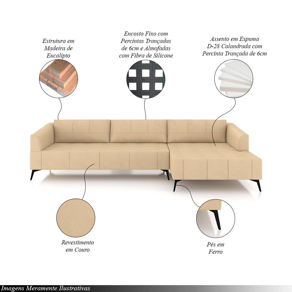 Sofá Bipartido Sala de Estar Kiara 352cm Chaise Direito Pés de Ferro Couro Bege G52 - Gran Belo