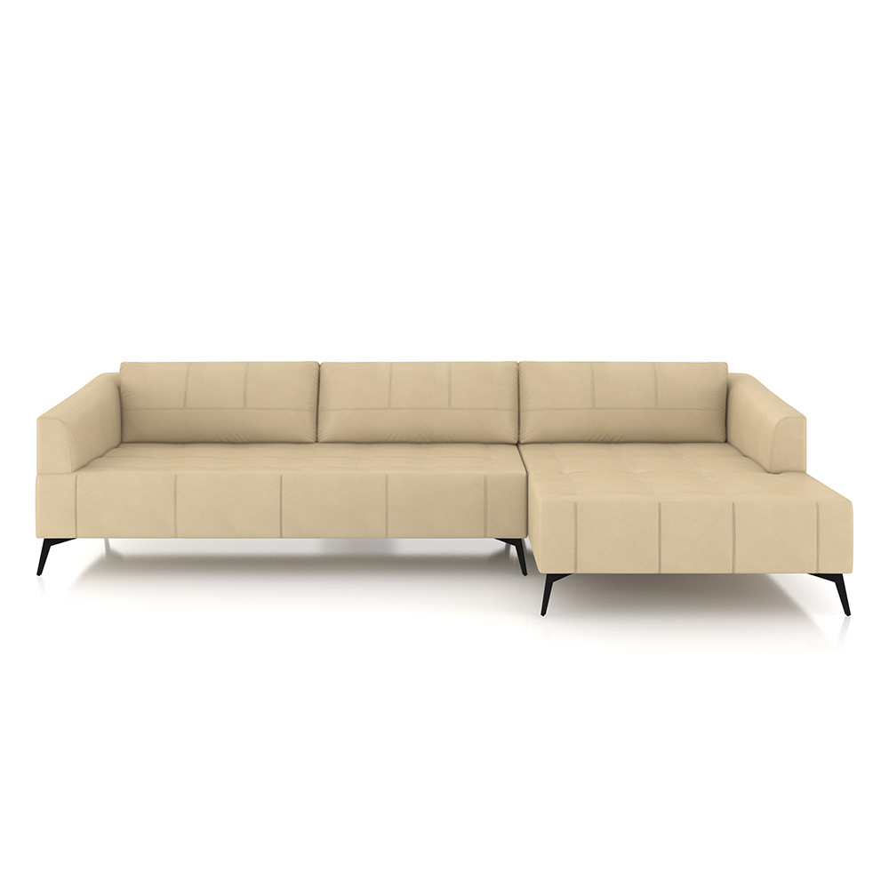 Sofá Bipartido Sala de Estar Kiara 352cm Chaise Direito Pés de Ferro Couro Bege G52 - Gran Belo