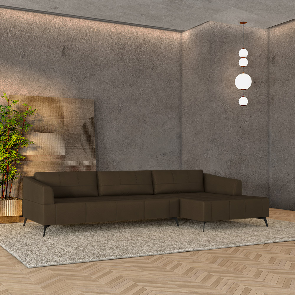 Sofá Bipartido Sala de Estar Kiara 352cm Chaise Direito Pés de Ferro Couro Capuccino G52 - Gran Belo