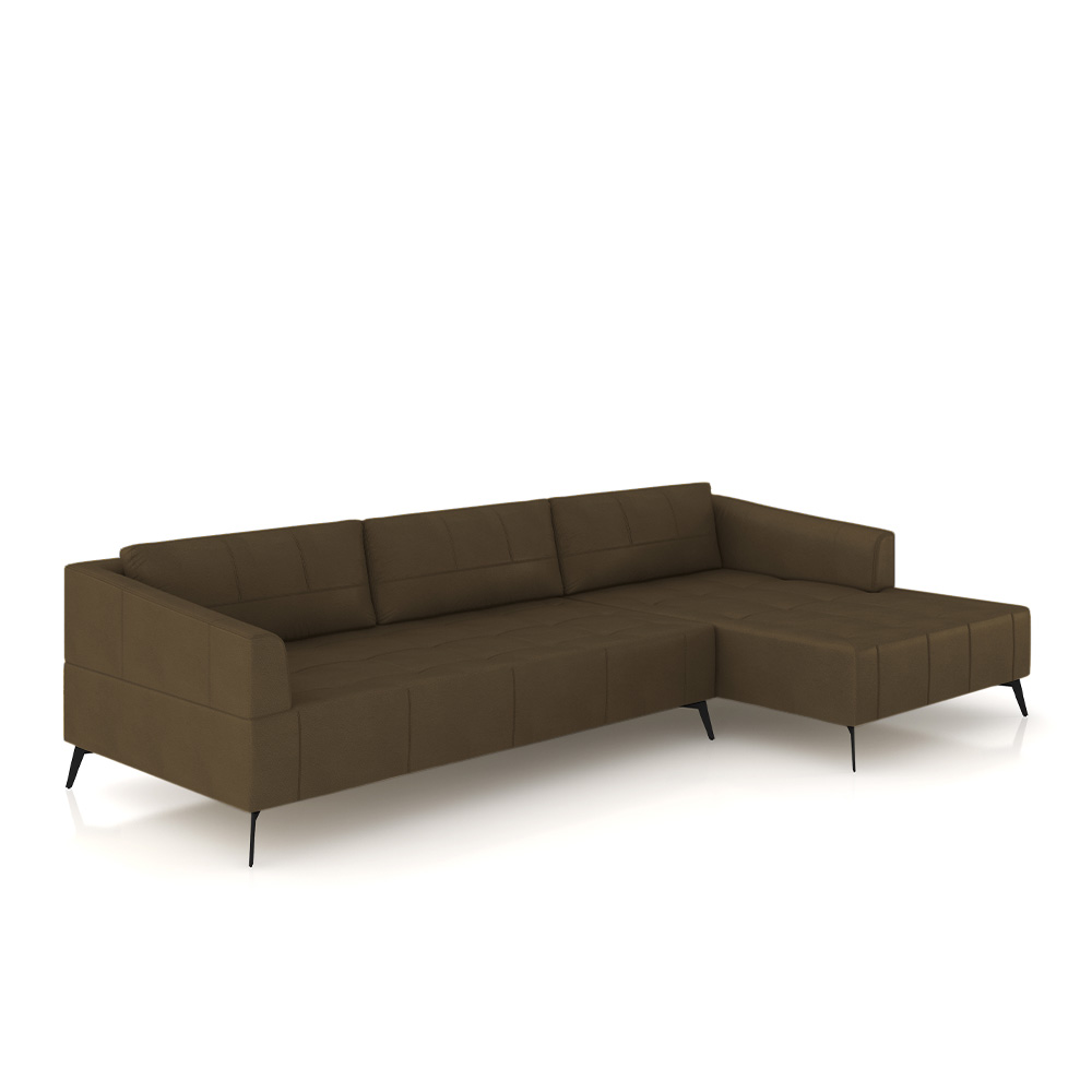 Sofá Bipartido Sala de Estar Kiara 352cm Chaise Direito Pés de Ferro Couro Capuccino G52 - Gran Belo