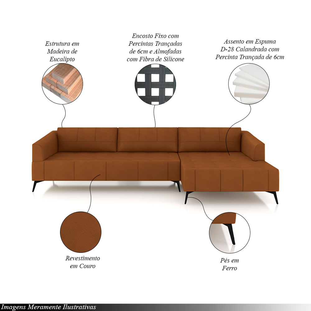 Sofá Bipartido Sala de Estar Kiara 352cm Chaise Direito Pés de Ferro Couro Caramelo G52 - Gran Belo