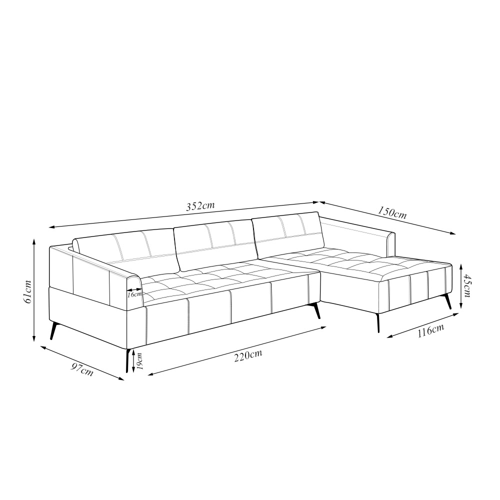 Sofá Bipartido Sala de Estar Kiara 352cm Chaise Direito Pés de Ferro Couro Marrom G52 - Gran Belo