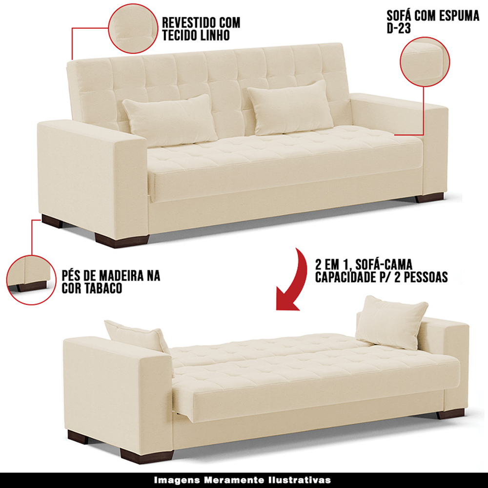 Sofá Cama Decorativo 210cm Beesley Linho Bege G19 - Gran Belo