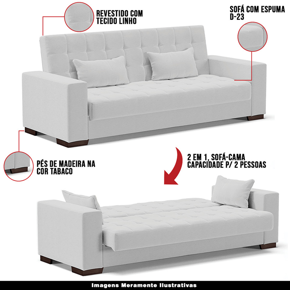 Sofá Cama Decorativo 210cm Beesley Linho Cinza G19 - Gran Belo