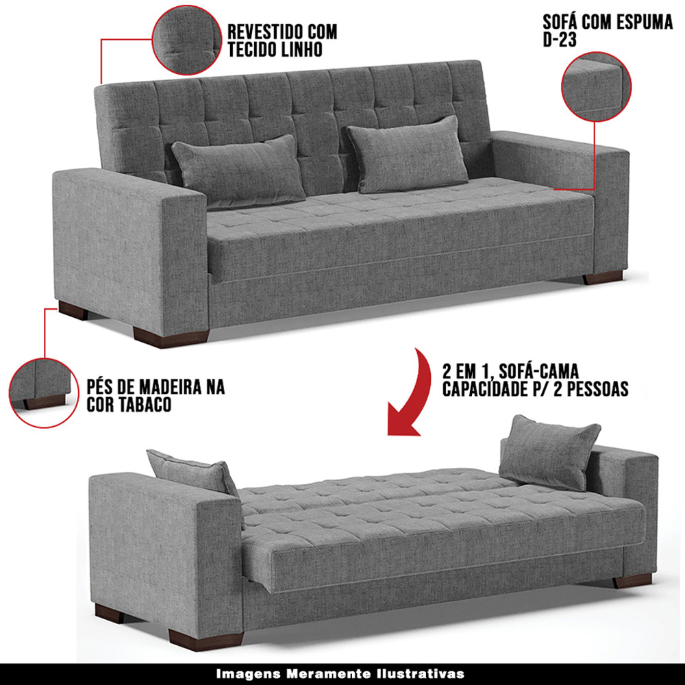 Sofá Cama Decorativo 210cm Beesley Linho Grafite G19 - Gran Belo