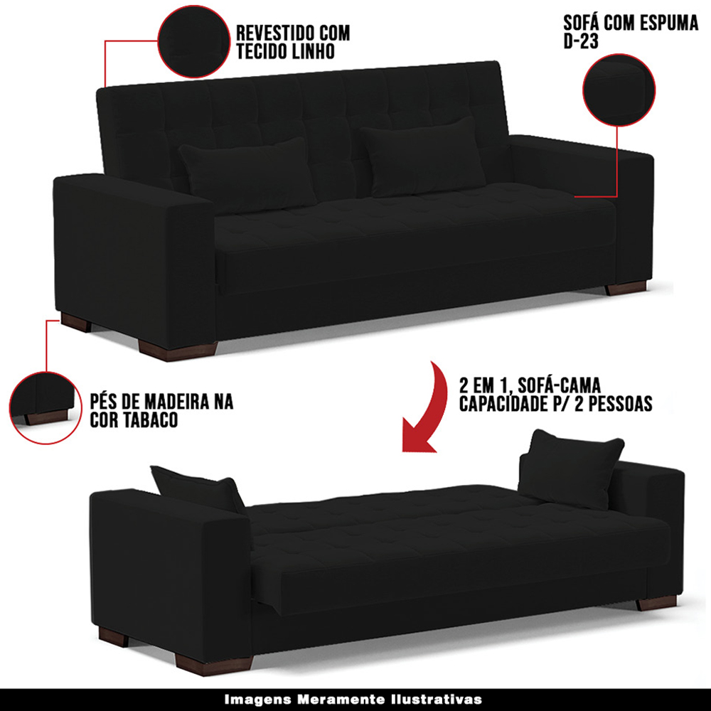Sofá Cama Decorativo 210cm Beesley Linho Preto G19 - Gran Belo