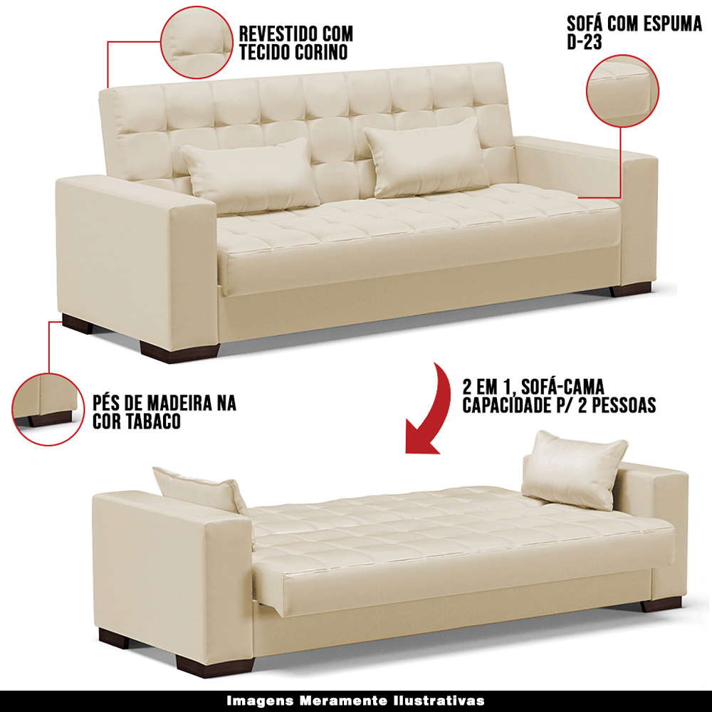Sofá Cama Decorativo 210cm Beesley Pu Bege Fosco G19 - Gran Belo