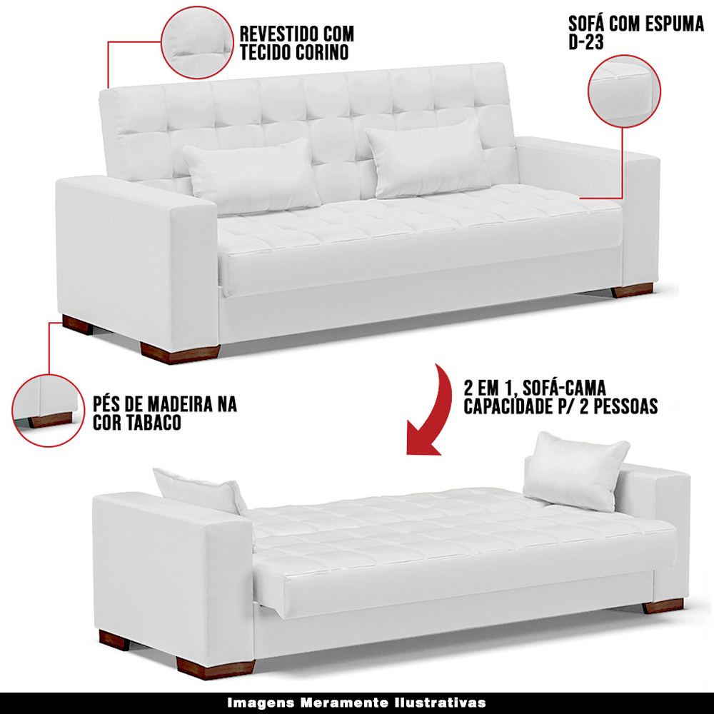 Sofá Cama Decorativo 210cm Beesley Pu Branco Fosco G19 - Gran Belo