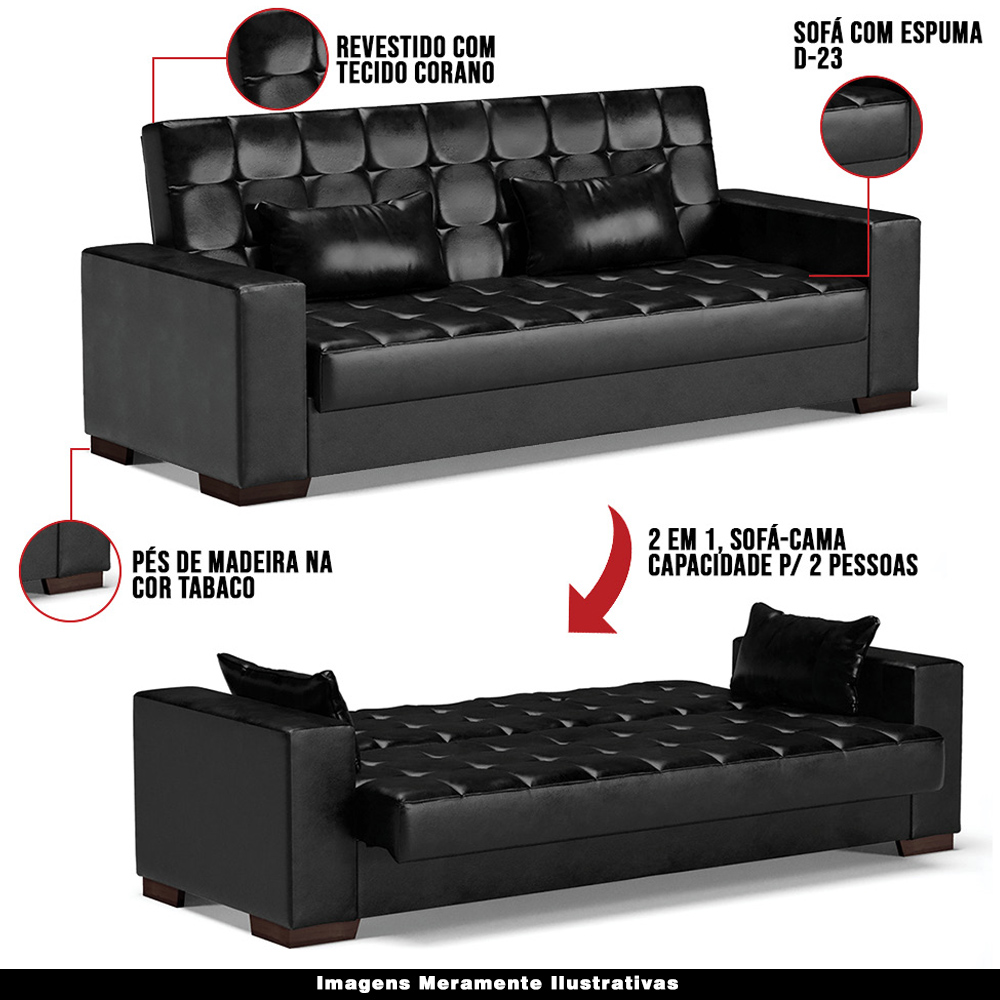 Sofá Cama Decorativo 210cm Beesley Pu Preto Brilho G19 - Gran Belo