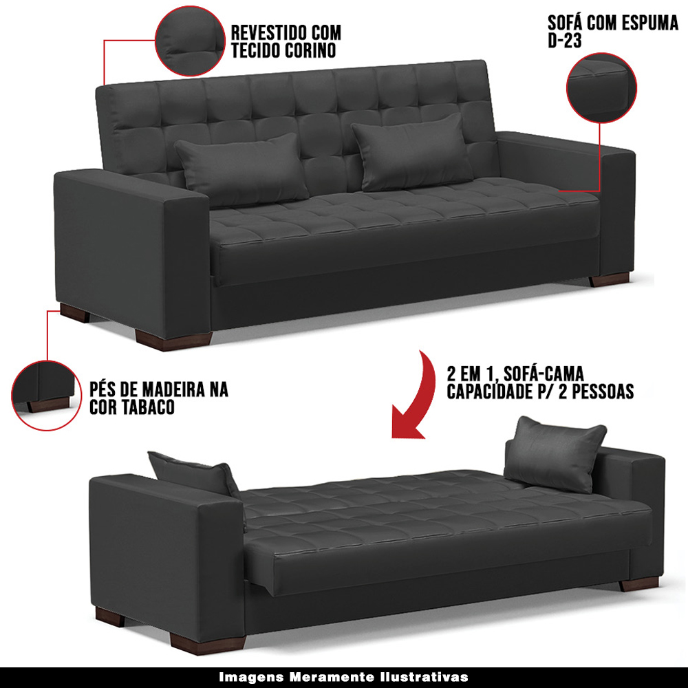 Sofá Cama Decorativo 210cm Beesley Pu Preto Fosco G19 - Gran Belo