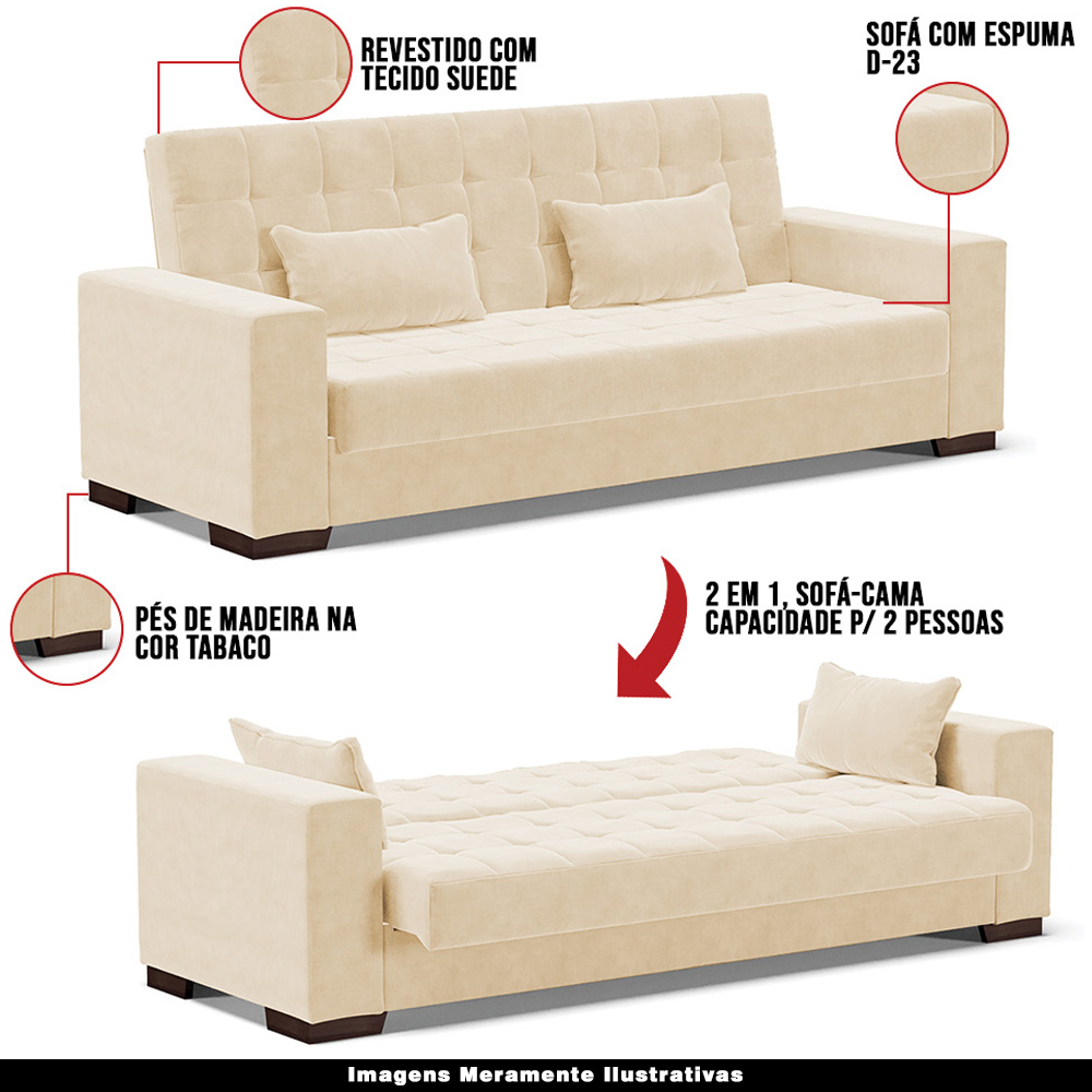 Sofá Cama Decorativo 210cm Beesley Suede Bege G19 - Gran Belo
