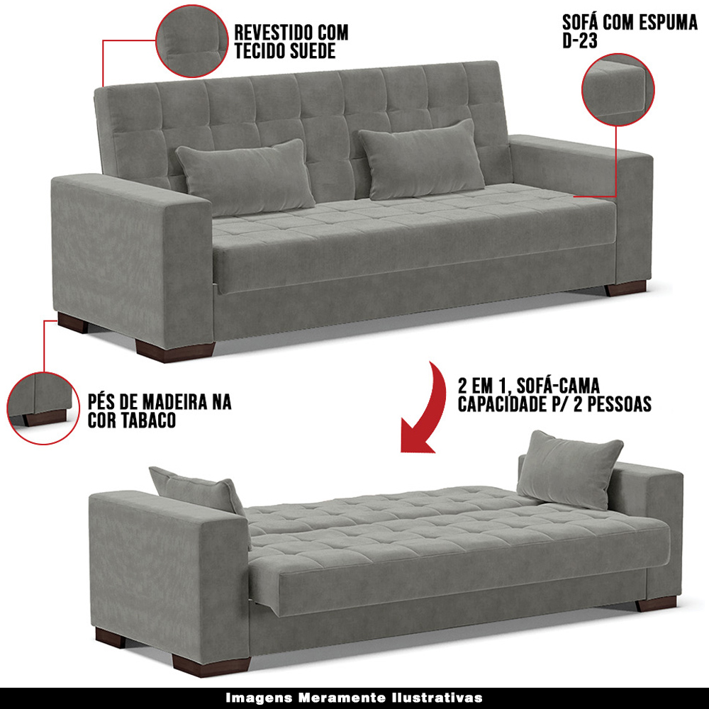 Sofá Cama Decorativo 210cm Beesley Suede Grafite G19 - Gran Belo