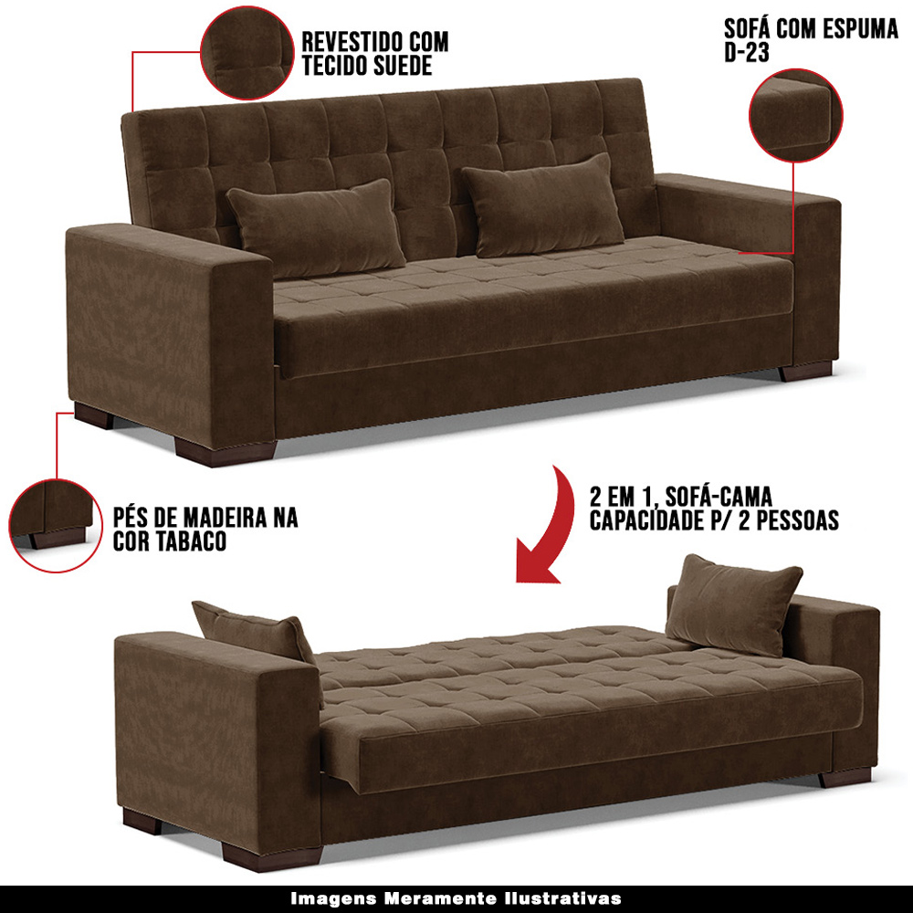 Sofá Cama Decorativo 210cm Beesley Suede Marrom G19 - Gran Belo