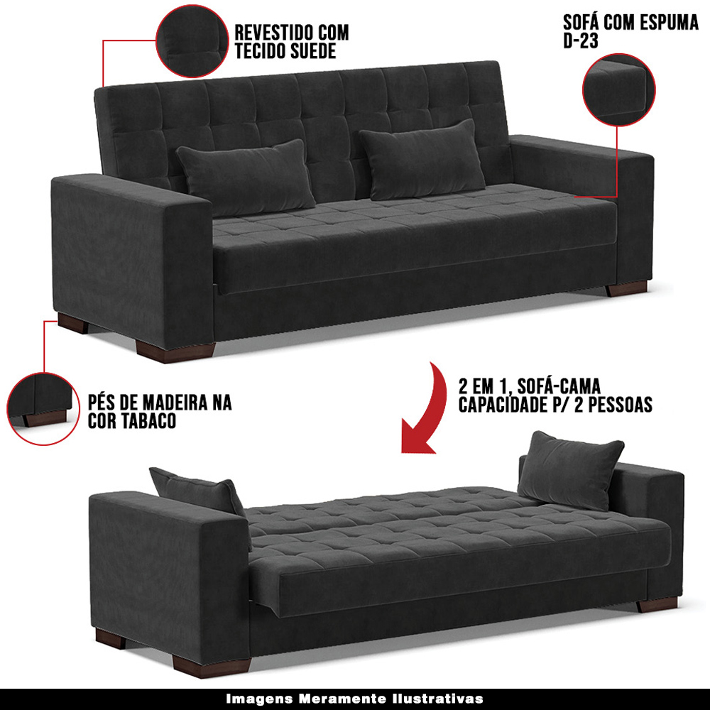 Sofá Cama Decorativo 210cm Beesley Suede Preto G19 - Gran Belo