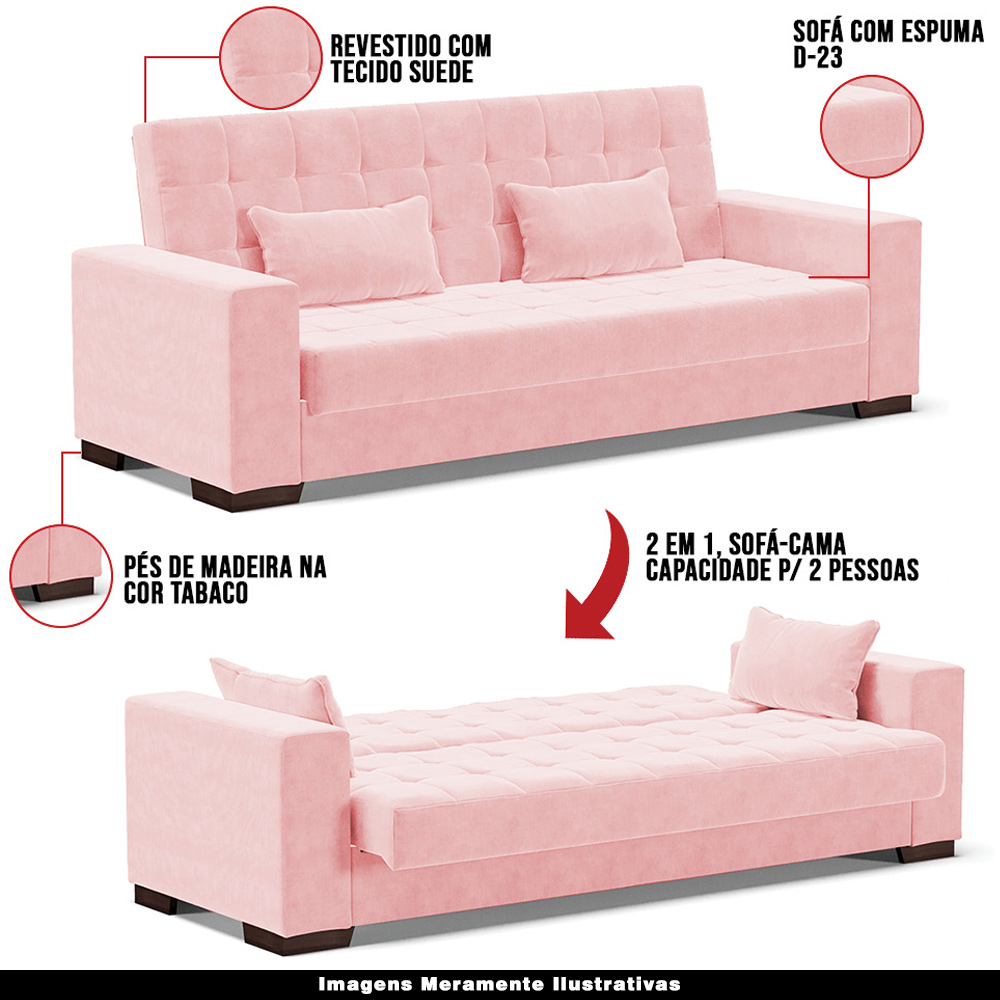 Sofá Cama Decorativo 210cm Beesley Suede Rosa G19 - Gran Belo