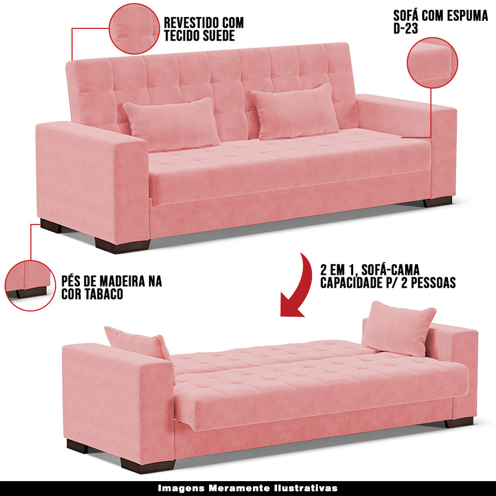 Sofá Cama Decorativo 210cm Beesley Suede Rose G19 - Gran Belo