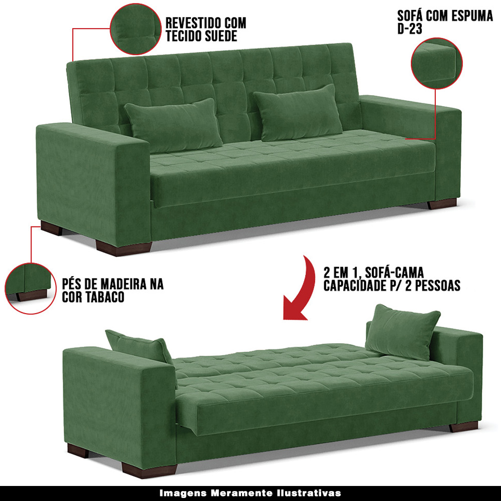 Sofá Cama Decorativo 210cm Beesley Suede Verde G19 - Gran Belo