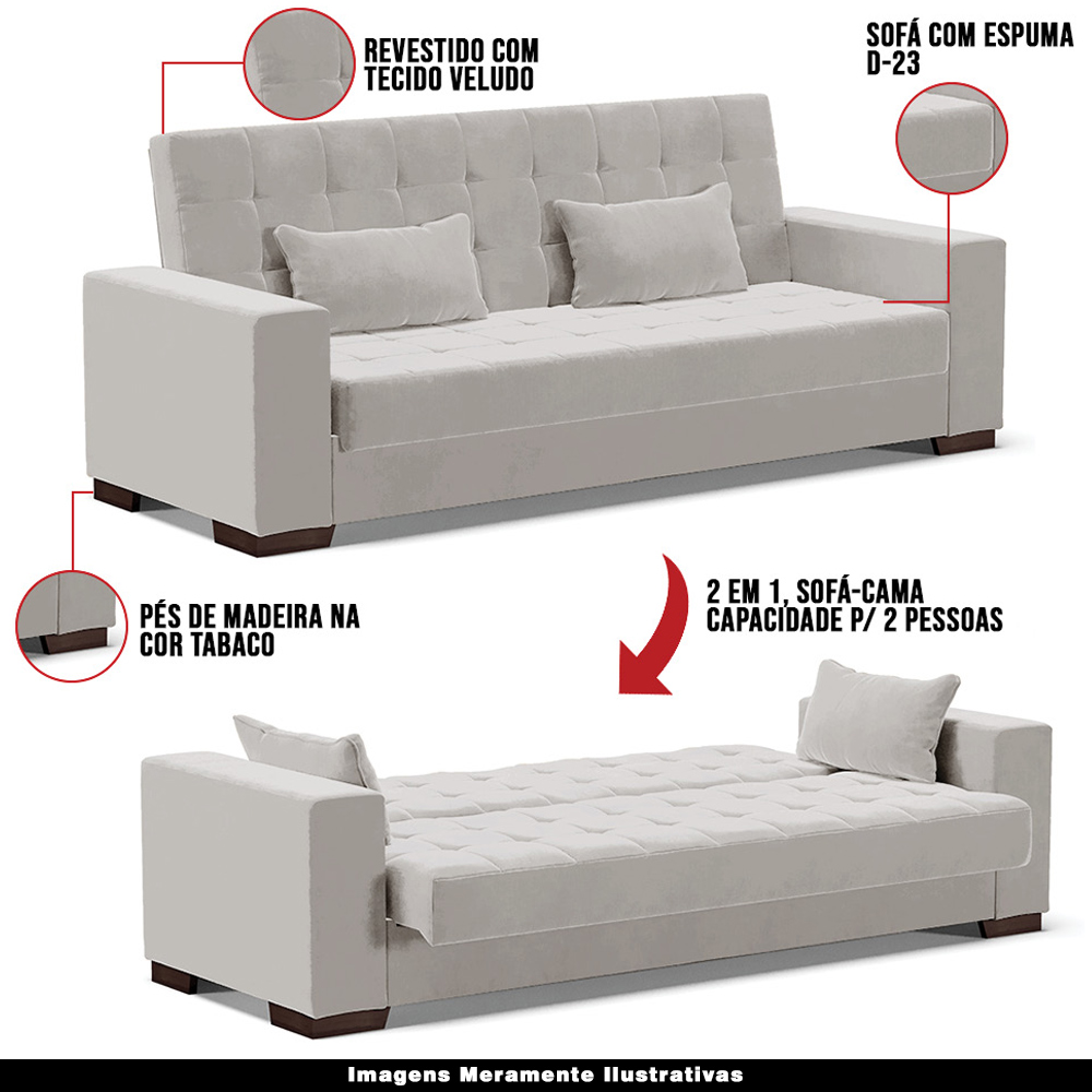 Sofá Cama Decorativo 210cm Beesley Veludo Cinza G19 - Gran Belo