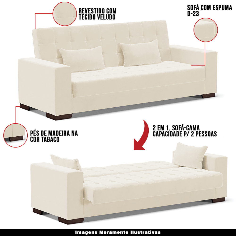 Sofá Cama Decorativo 210cm Beesley Veludo Off White G19 - Gran Belo